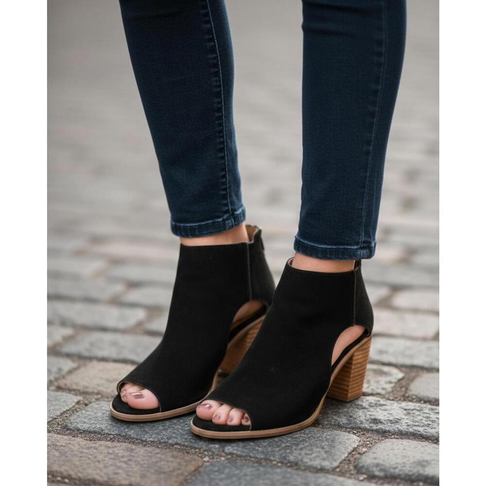 Lucky Brand Black Suede Peep Toe Ankle Boots Block Heel 8.5